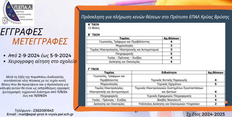 Πρόσκληση για πλήρωση κενών θέσεων στο Πρότυπο ΕΠΑΛ Κρύας Βρύσης
